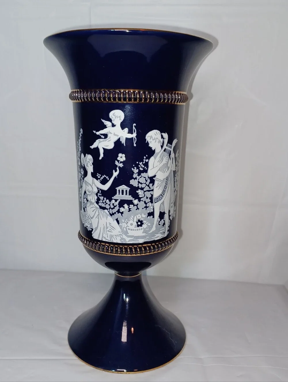 Vintage Hand Made Florentine Italy Blue Classical Vase with White Cameo Motif